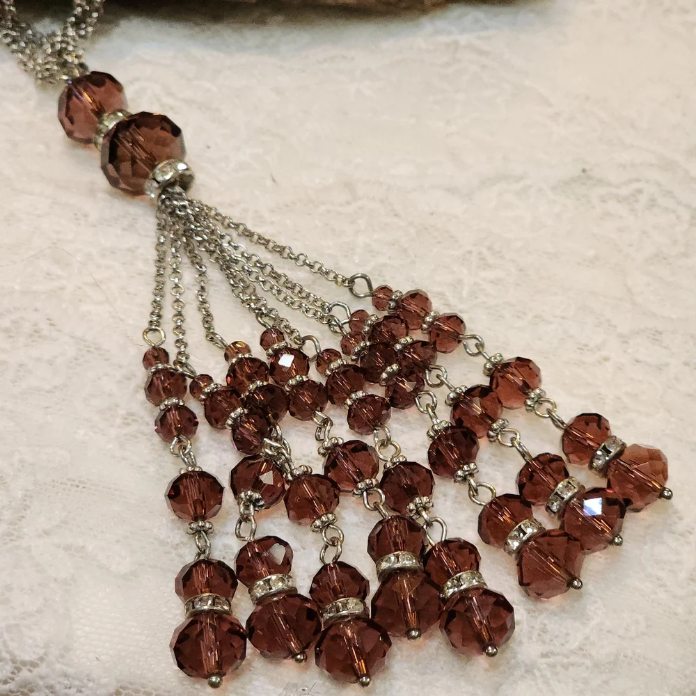 Boho Silver Toned Multi-Chain Long, Plum Glass Beaded, Tassel Y Necklace